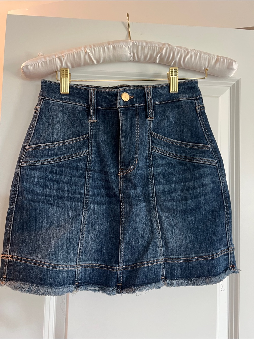 Liverpool Dark Blue Denim Mini Skirt with Frayed Hem